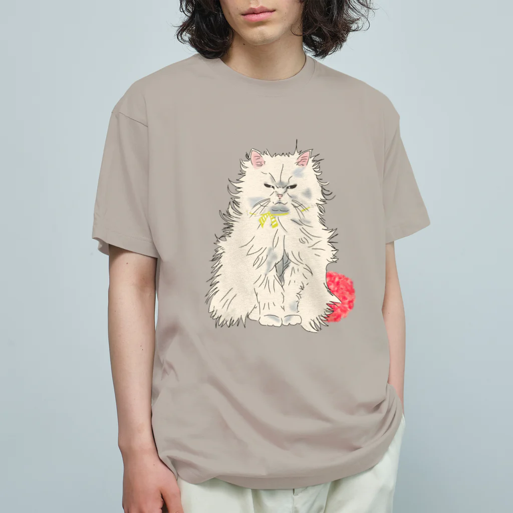 小鳥と映画館の怒り顔の白猫 オーガニックコットンTシャツ