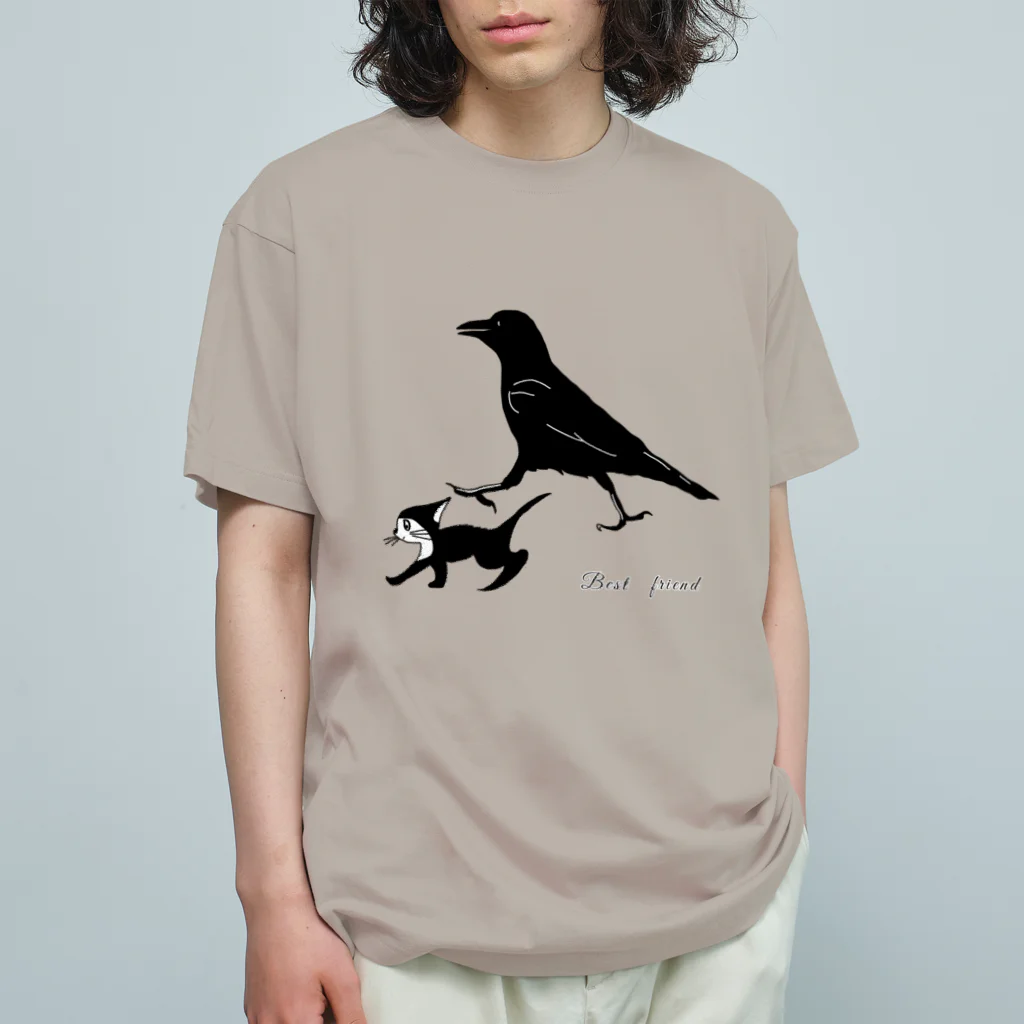 小鳥と映画館のベストフレンド カラスとクロネコ オーガニックコットンTシャツ