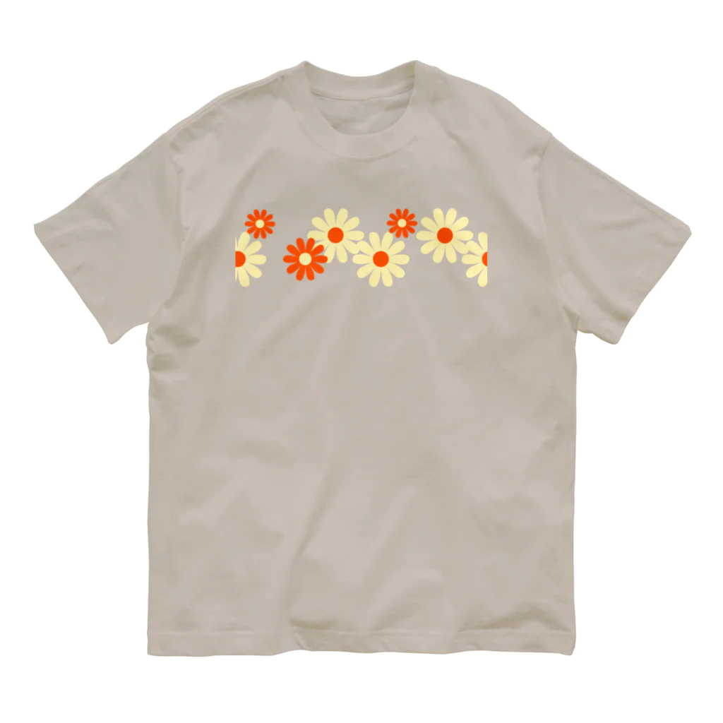 kazeou（風王）のレトロ風花(8枚)黄・オレンジ オーガニックコットンTシャツ