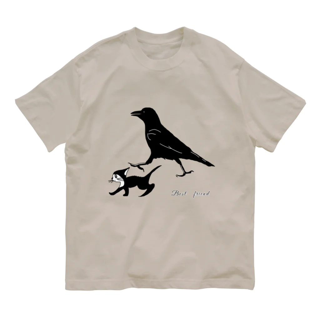 小鳥と映画館のベストフレンド カラスとクロネコ オーガニックコットンTシャツ