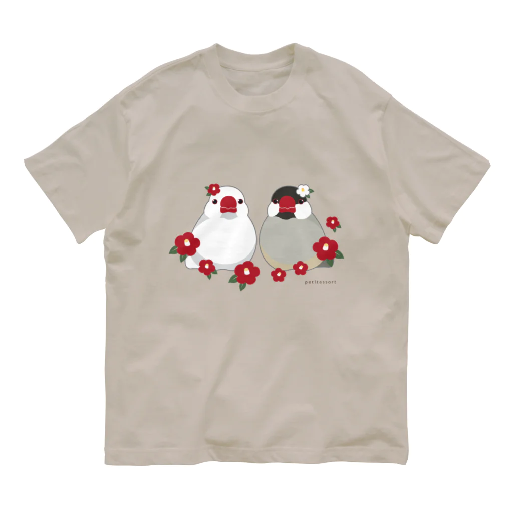 petitassortの文鳥と椿のＴシャツ オーガニックコットンTシャツ