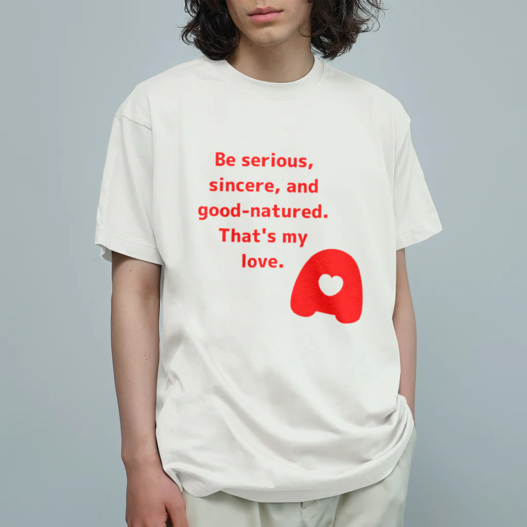 笑う犬のTシャツ屋さんの【Ａ型のための】This is standard. スタンダードなTシャツ・正面プリント（文字色→赤） Organic Cotton T-Shirt