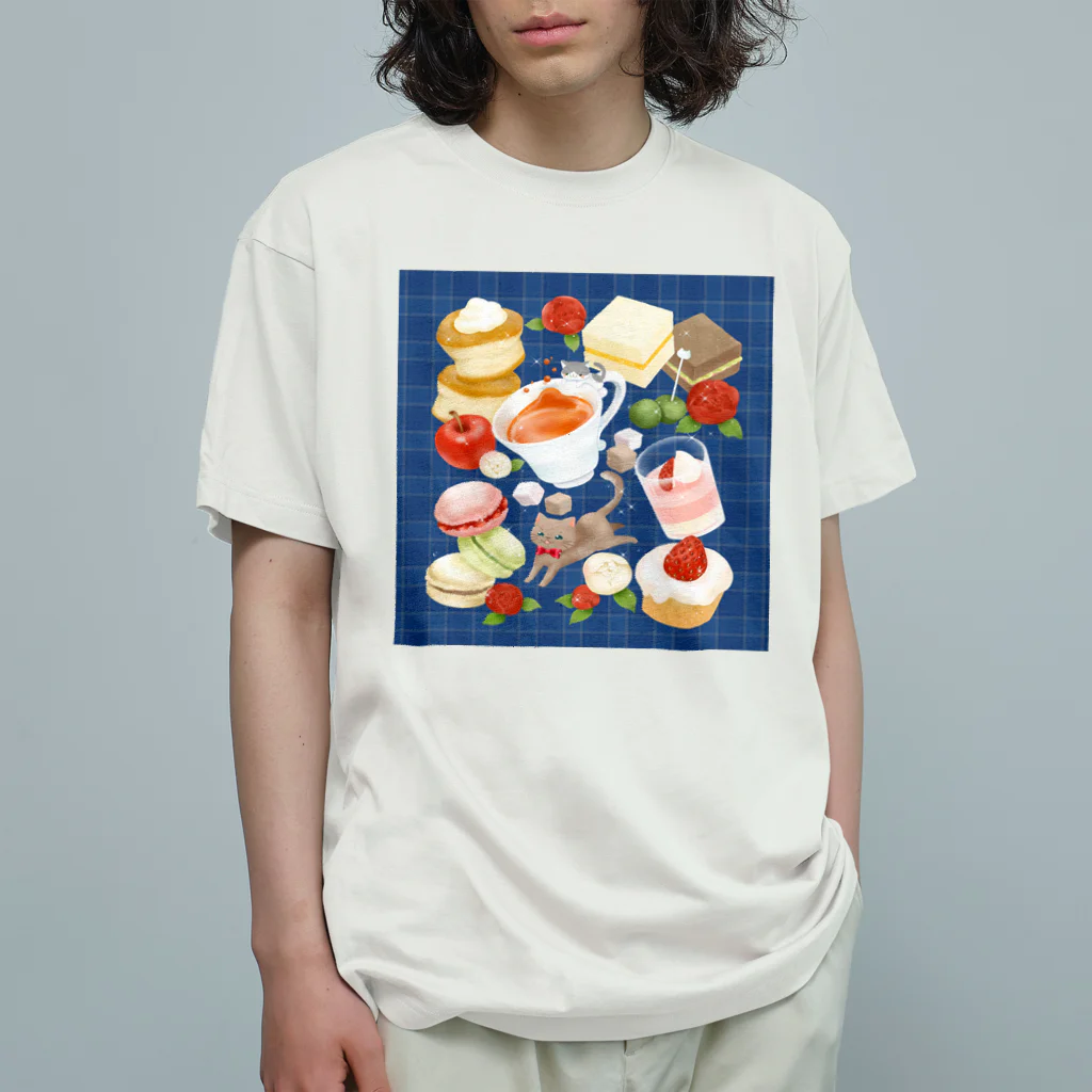 ネコのひたいのニャンコと美味しい時間シリーズ「アフタヌーンティー」 オーガニックコットンTシャツ