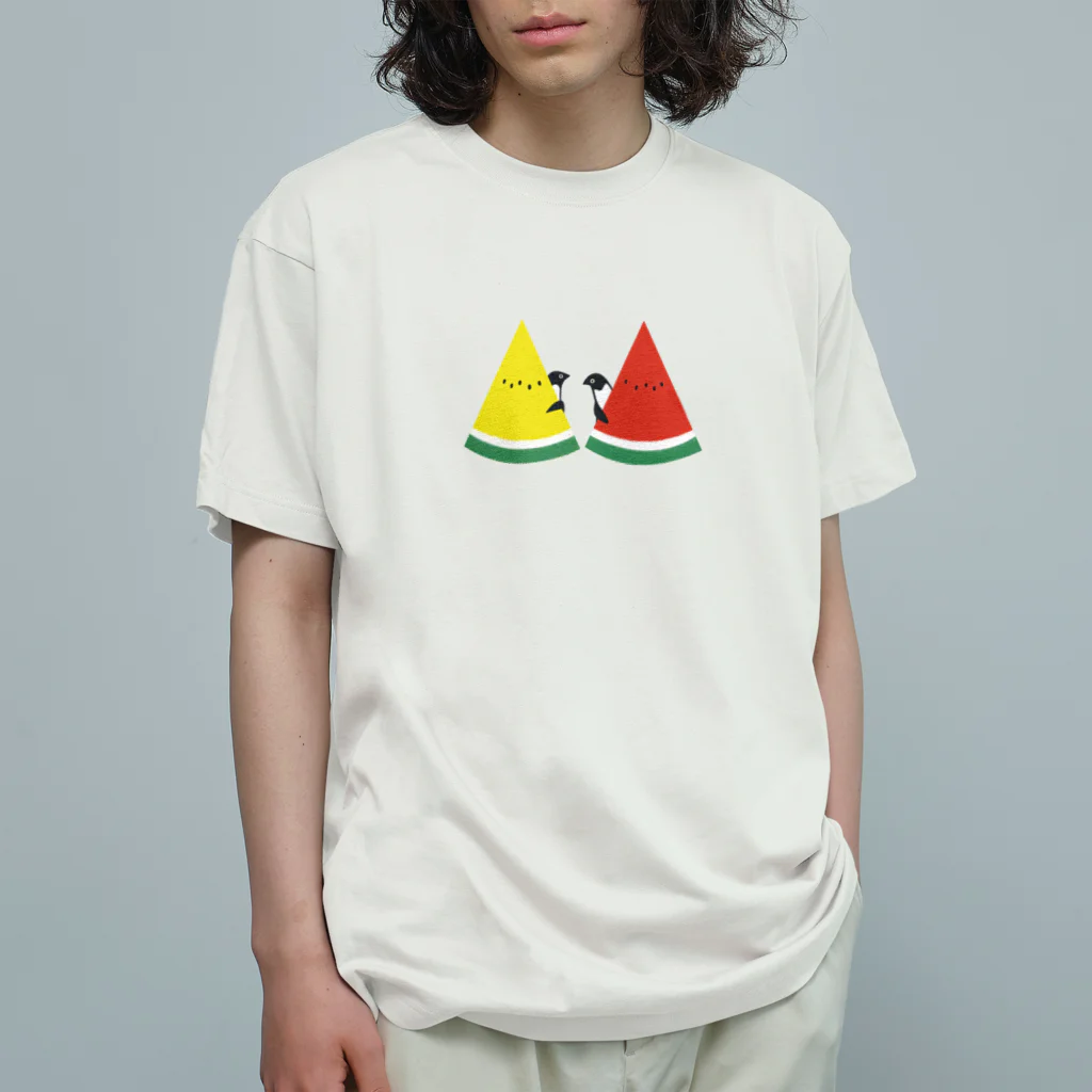 raindropのスイカとペンギン オーガニックコットンTシャツ