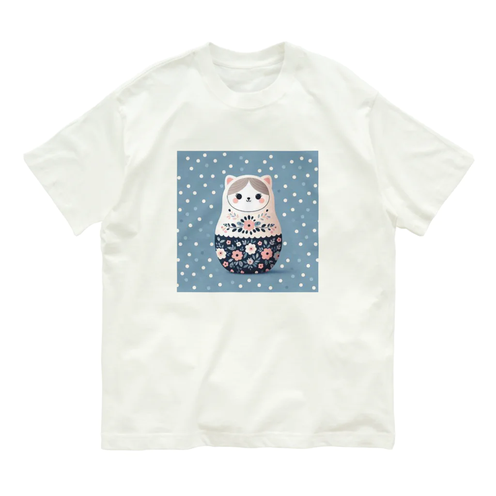 可愛い動物マトリョーシカの猫のマトリョーシカ（薄い紺色） Organic Cotton T-Shirt