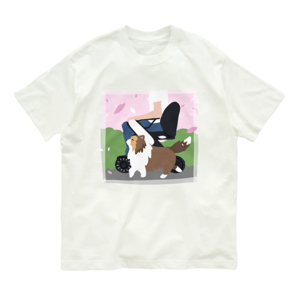 Kotetsu diary(SUZURI店)のシェルティ×車椅子(春色) オーガニックコットンTシャツ