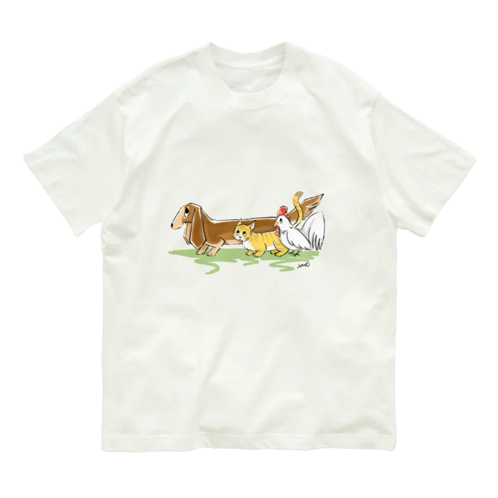 JUNICO JOURNALのイヌちゃんネコくんニワトリくん Organic Cotton T-Shirt