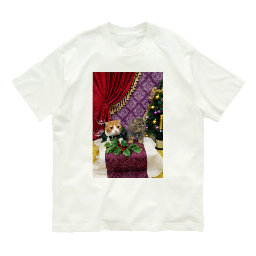 さぼてんのネコミュニケーションのクリスマスはーちゃん&あやや オーガニックコットンTシャツ