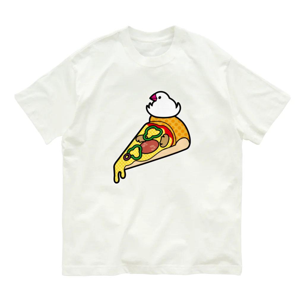 Sugarfrostのピザで暖をとる文鳥（素材が濃い色用） オーガニックコットンTシャツ