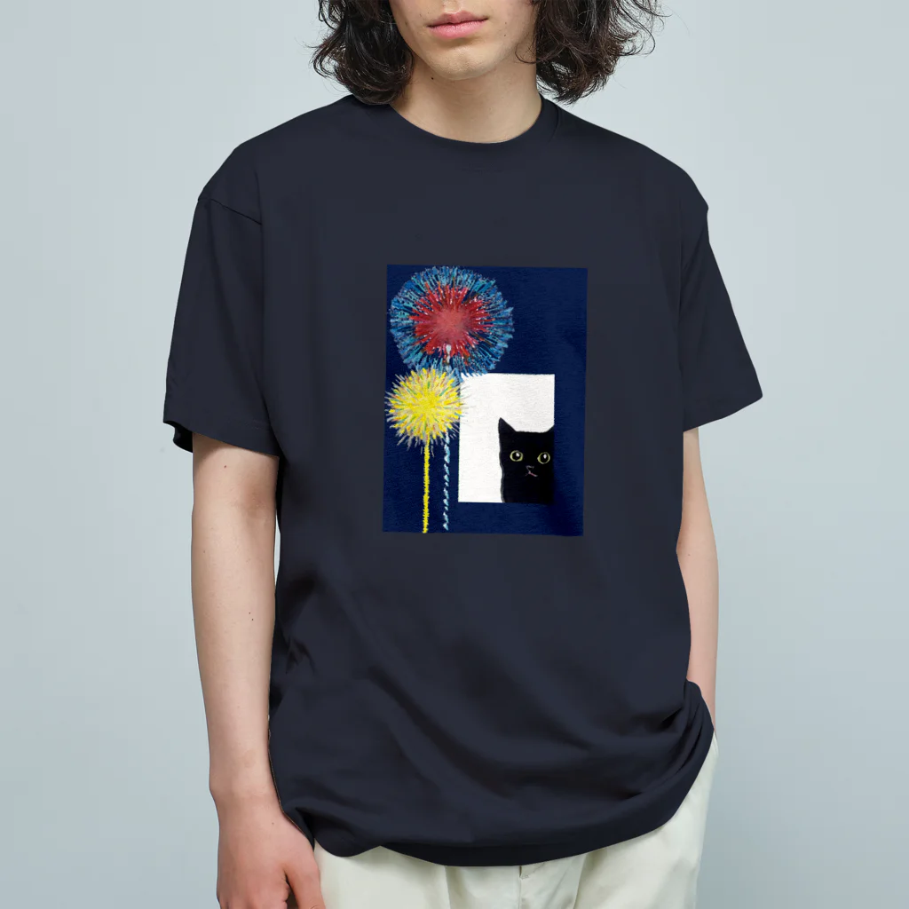 WAMI ARTの花火見る黒猫 オーガニックコットンTシャツ