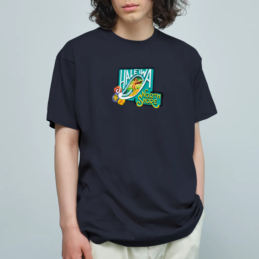 アロハスタイルハワイのハレイワの看板（前面：女の子　背面：男の子） オーガニックコットンTシャツ