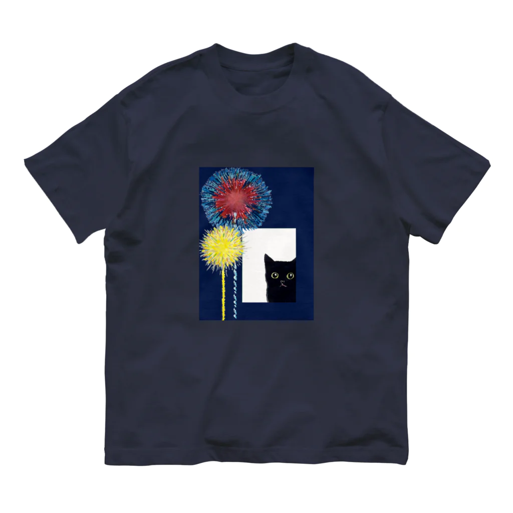 WAMI ARTの花火見る黒猫 Organic Cotton T-Shirt