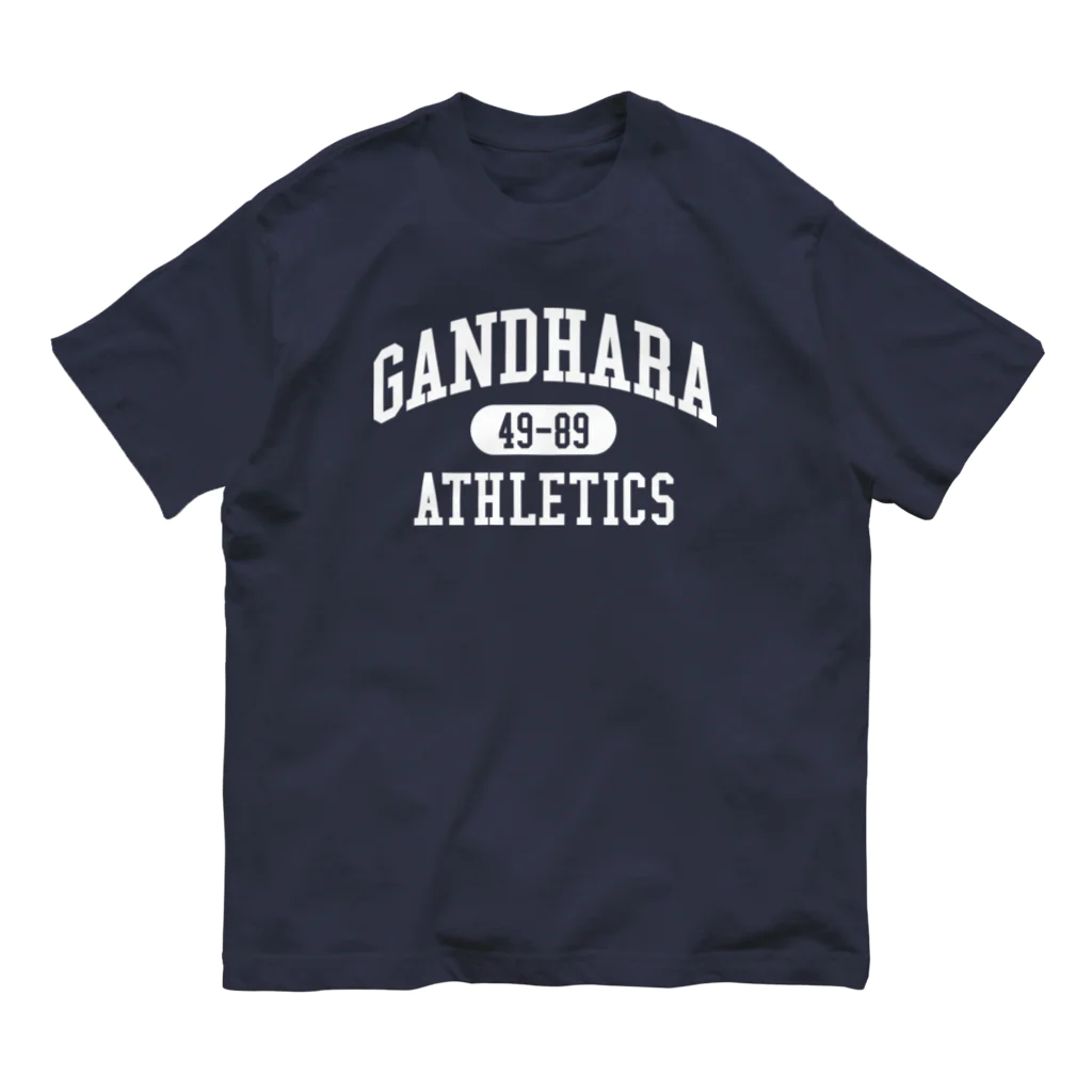 【SEVA】 （雲黒斎 公式ショップ ）のGANDHARA ATHLETICS （ホワイト プリント バージョン） 유기농 코튼 티셔츠