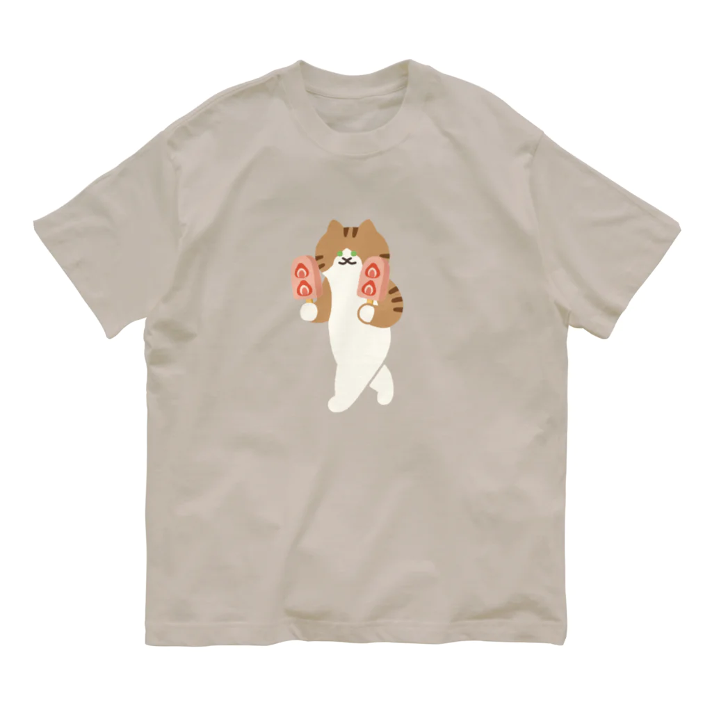 SUIMINグッズのお店の【大】いちごアイスをあざとく運ぶねこ Organic Cotton T-Shirt