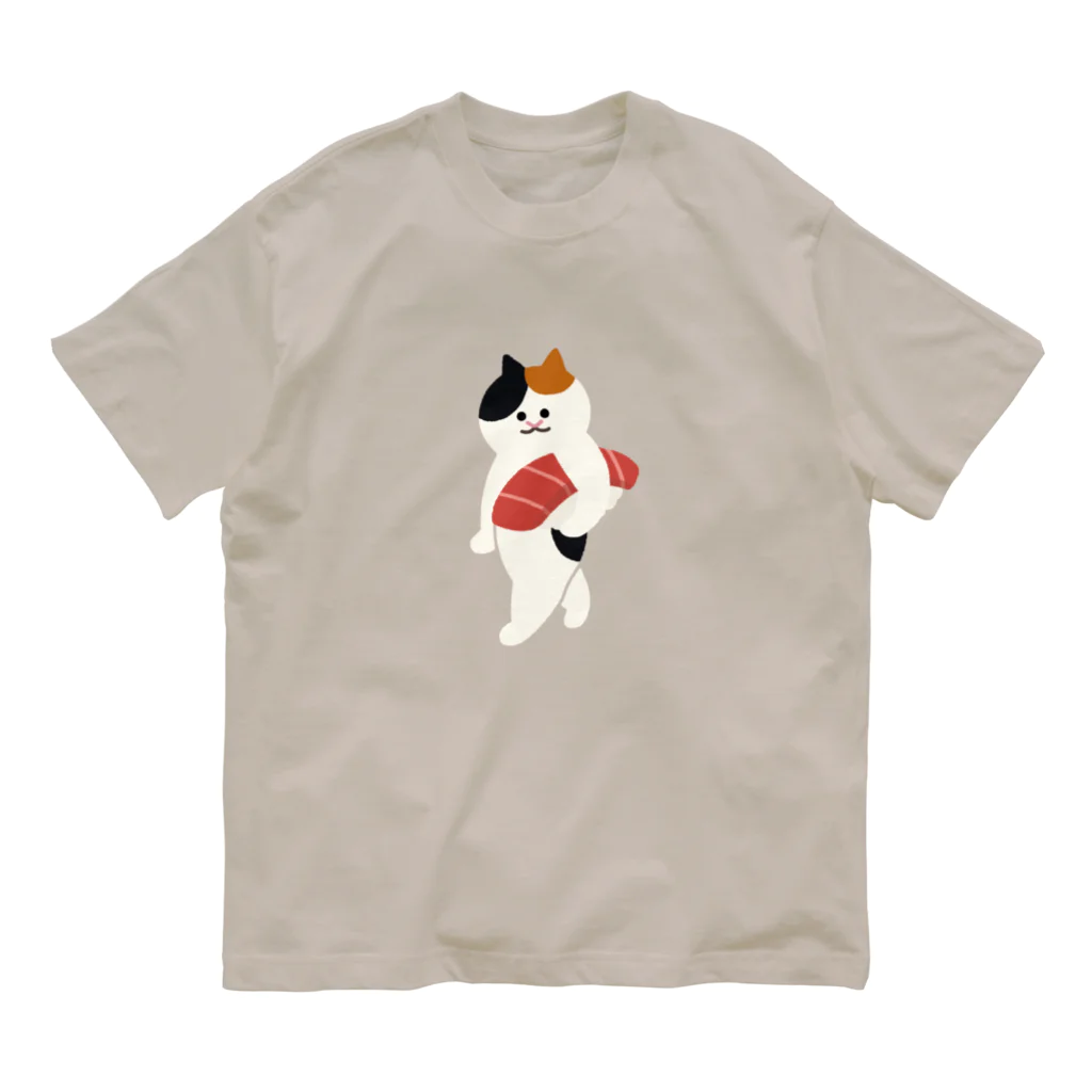 SUIMINグッズのお店の【大】まぐろの握り寿司を自慢げに運ぶねこ オーガニックコットンTシャツ