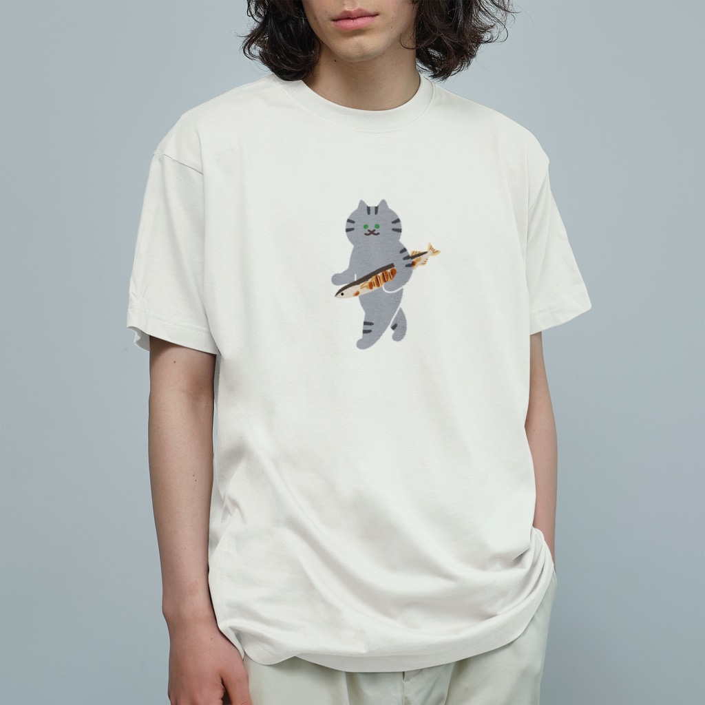 SUIMINグッズのお店の【中】盗んだ焼きサンマと歩き出すねこ Organic Cotton T-Shirt