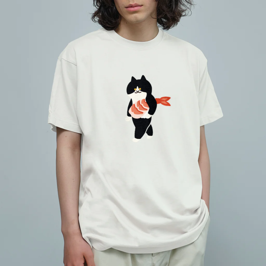 SUIMINグッズのお店の【大】海老の握り寿司を機嫌よく運ぶねこ Organic Cotton T-Shirt