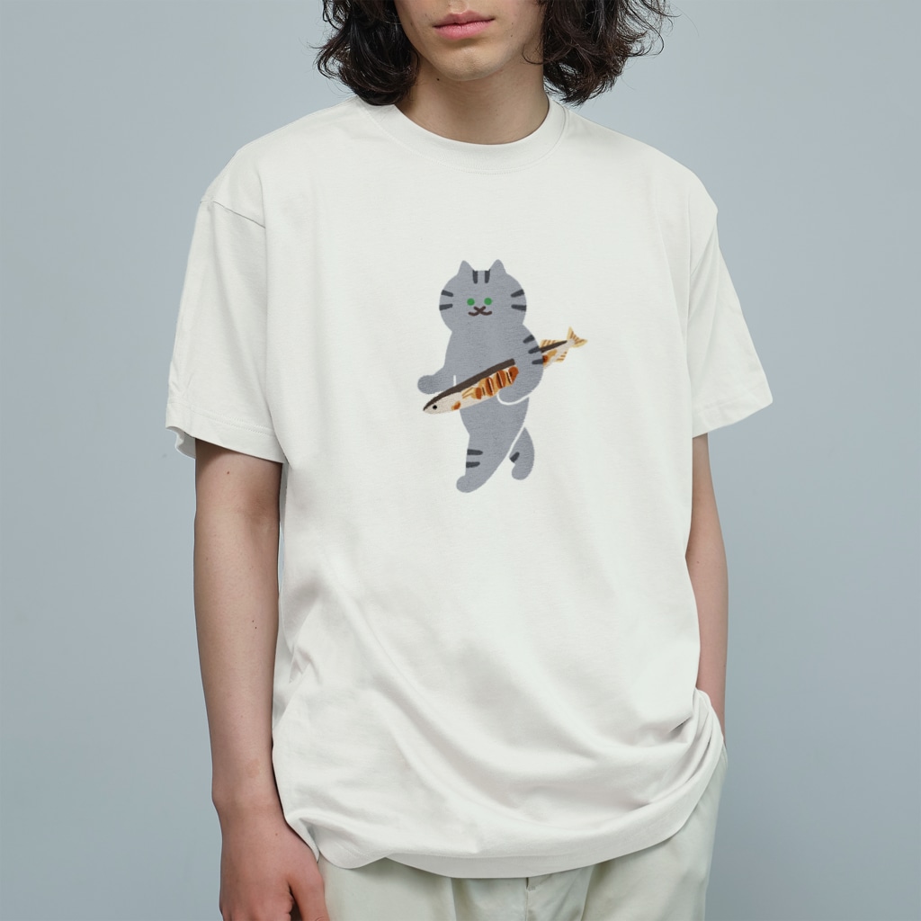 SUIMINグッズのお店の【大】盗んだ焼サンマと歩き出すねこ Organic Cotton T-Shirt