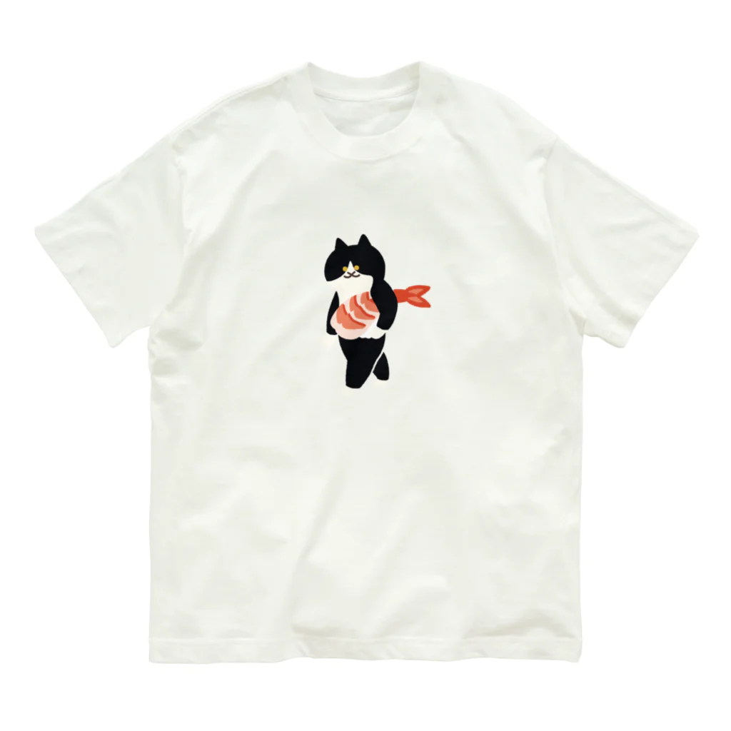 SUIMINグッズのお店の【中】海老の握り寿司を機嫌よく運ぶねこ Organic Cotton T-Shirt