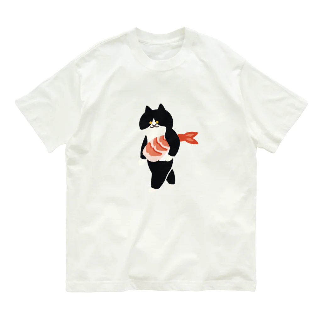 SUIMINグッズのお店の【大】海老の握り寿司を機嫌よく運ぶねこ オーガニックコットンTシャツ