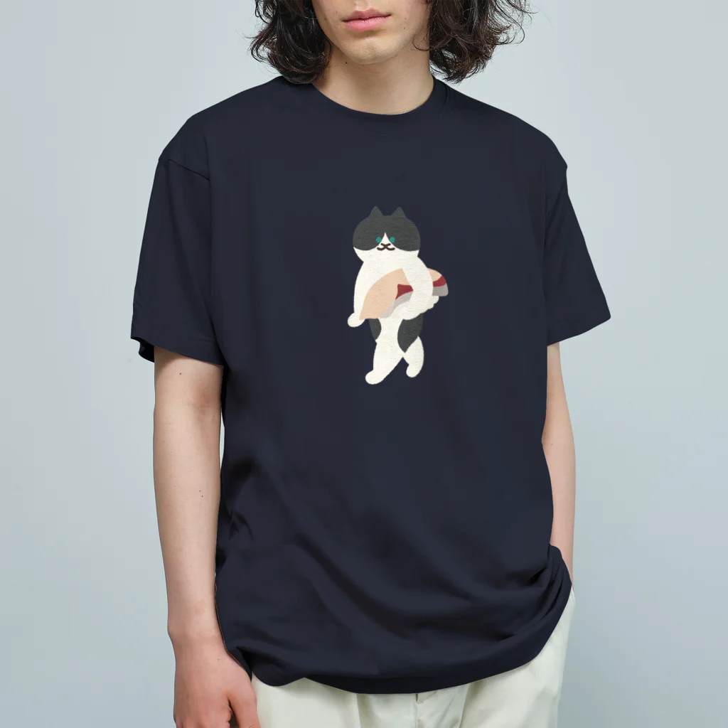 SUIMINグッズのお店の【大】はまちの握り寿司を前のめりに運ぶねこ オーガニックコットンTシャツ