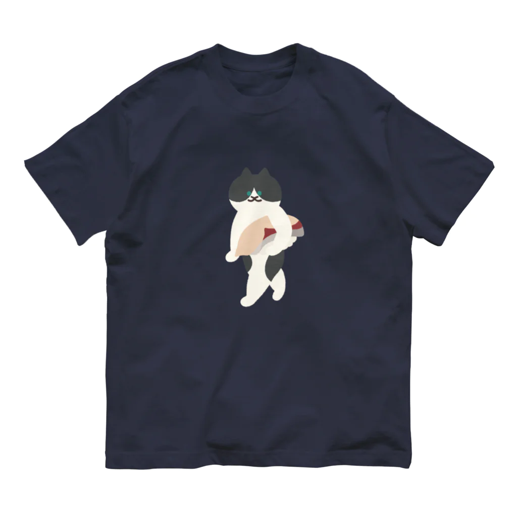 SUIMINグッズのお店の【大】はまちの握り寿司を前のめりに運ぶねこ オーガニックコットンTシャツ