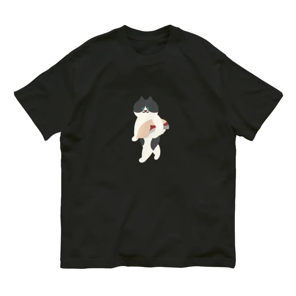 SUIMINグッズのお店の【中】はまちの握り寿司を前のめりに運ぶねこ Organic Cotton T-Shirt