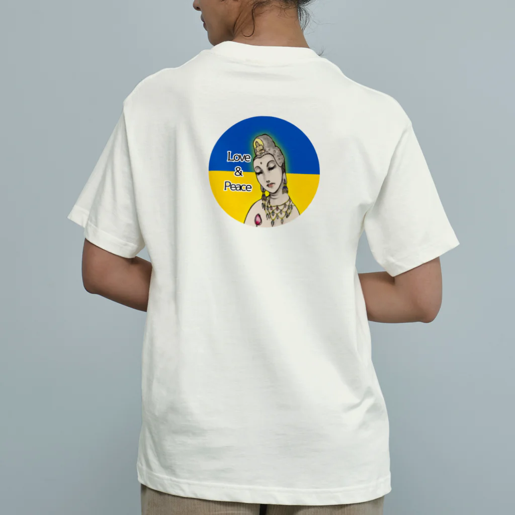 諭苑のSUZURI店のLove＆Peace観世音菩薩ウクライナ国旗背景 オーガニックコットンTシャツ