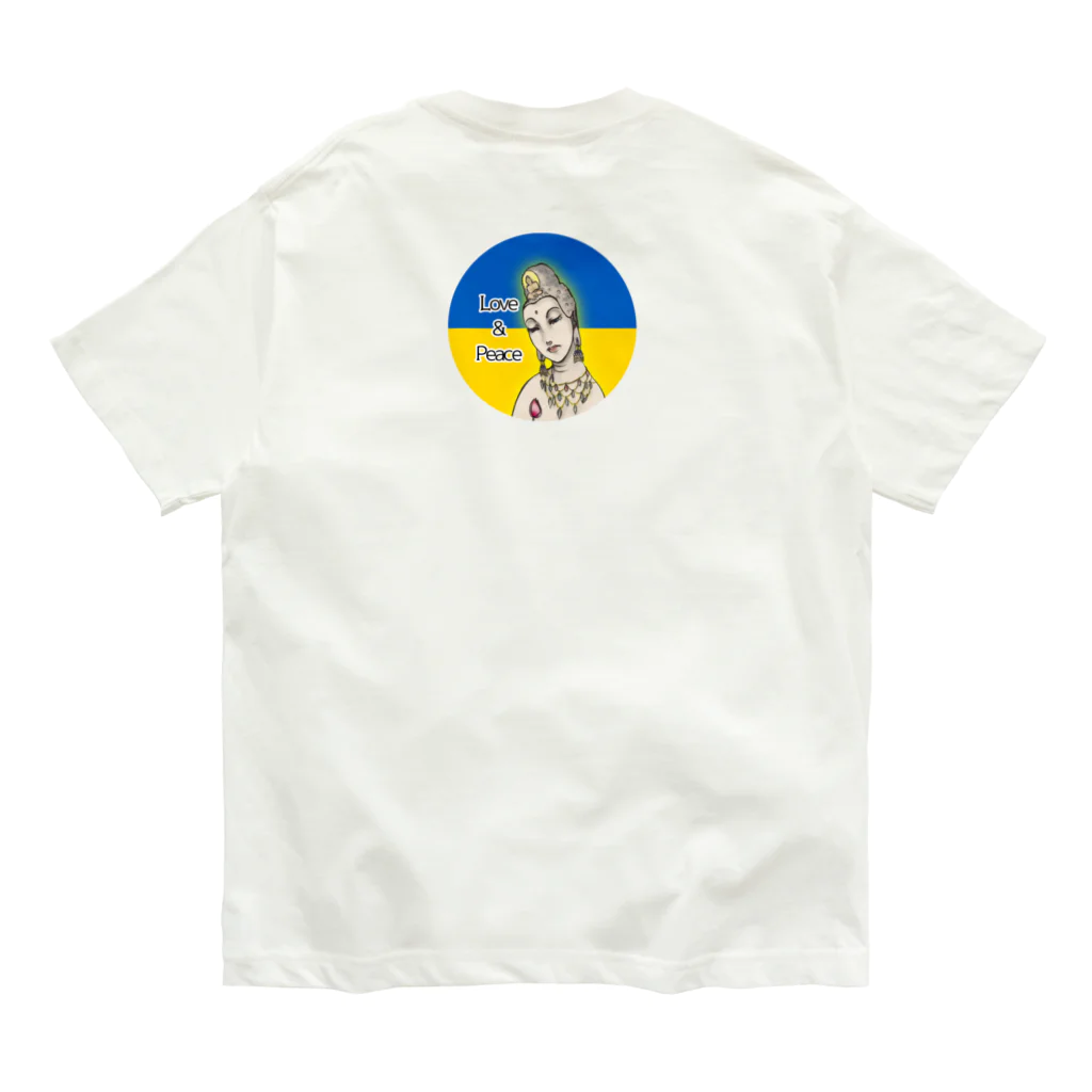 諭苑のSUZURI店のLove＆Peace観世音菩薩ウクライナ国旗背景 オーガニックコットンTシャツ