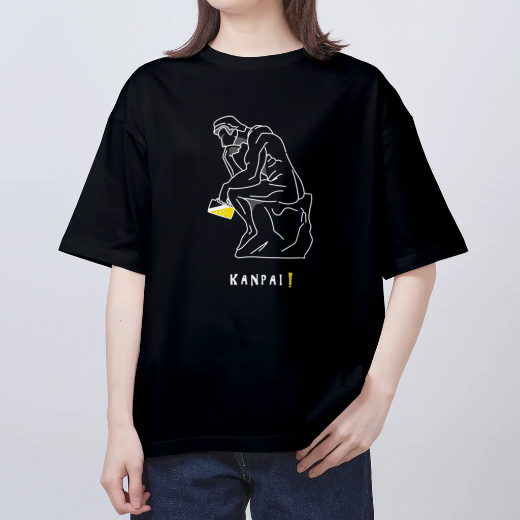 ビールとアート TM-3 Designの彫刻 × BEER（考える人）白線画 Oversized T-Shirt