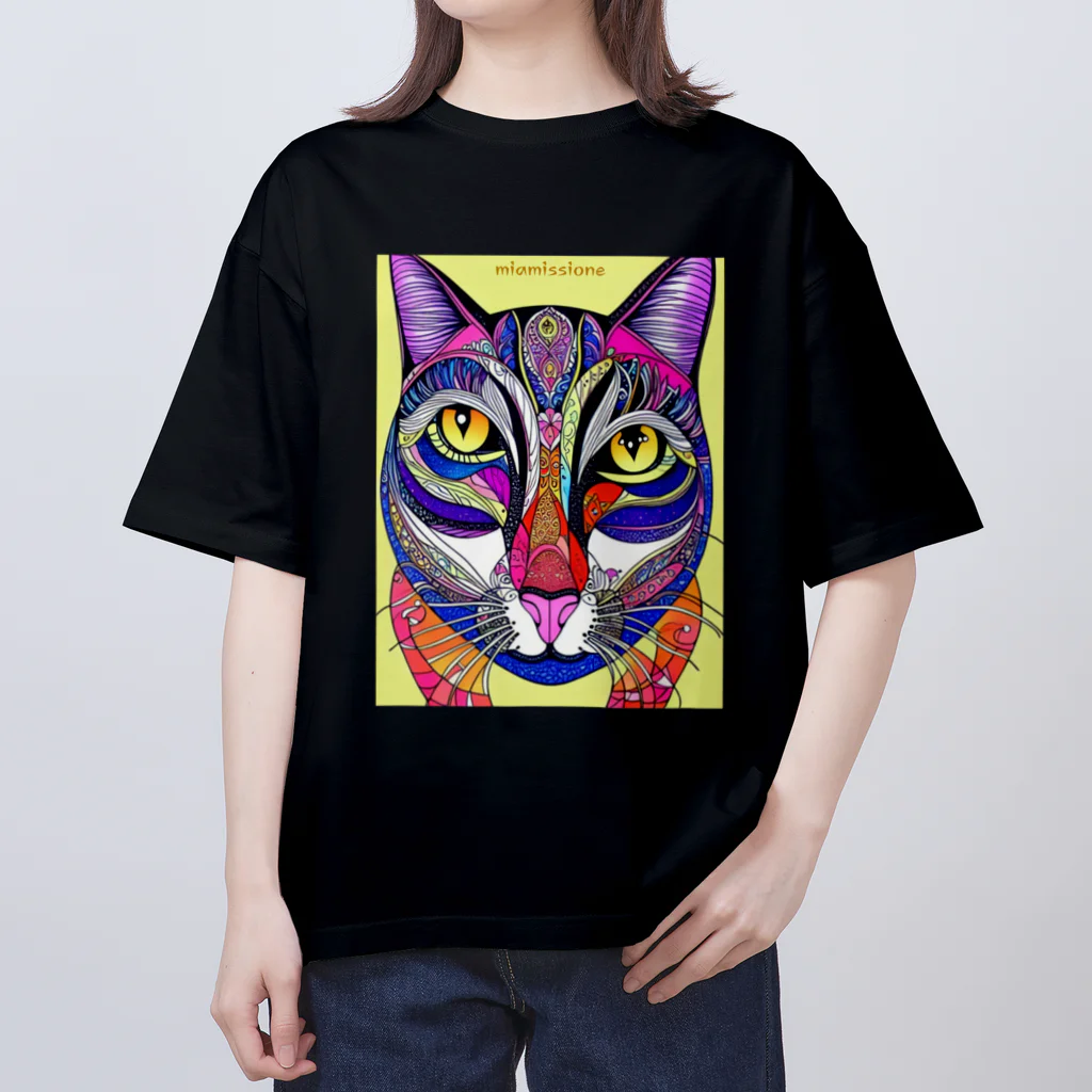 miamissioneのカラフルでエスニックテイストでポップな猫－Colorful, ethnic flavored, pop cat. オーバーサイズTシャツ