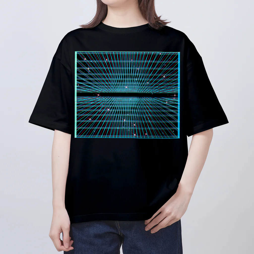 LalaHangeulの遠近グリッドのネオン宇宙 オーバーサイズTシャツ