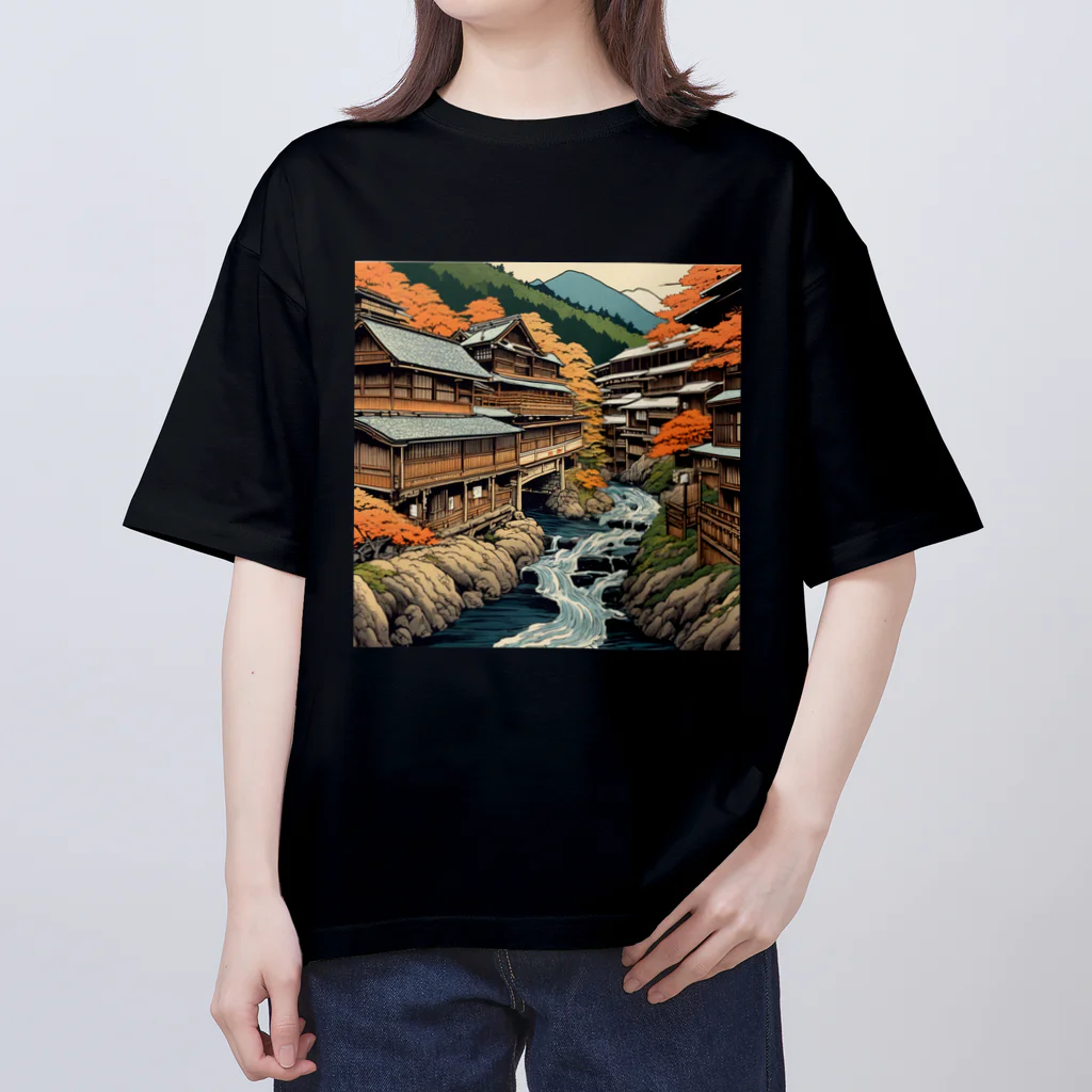 日本の風景 COOL JAPANの日本の風景、温泉街　Japanese hot spring town オーバーサイズTシャツ