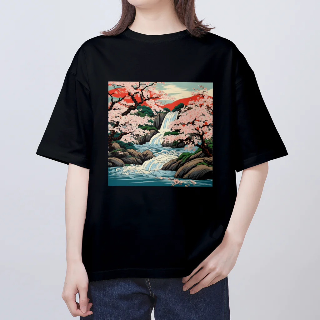 日本の風景 COOL JAPANの日本の風景、滝と桜　Japanese scenery、Waterfall and cherry blossoms オーバーサイズTシャツ