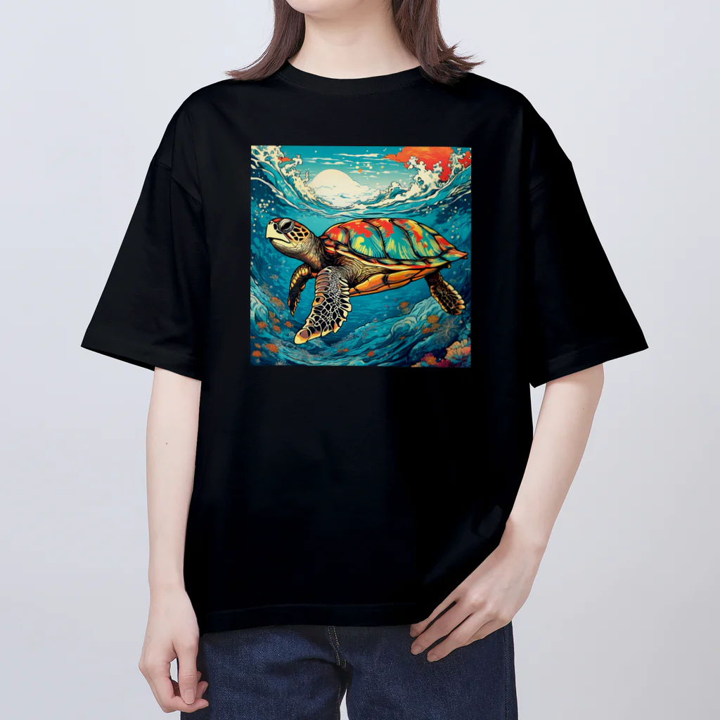 日本の風景 COOL JAPANの日本の風景:荒波にもまれる海がめ、Japanese scenery: Sea turtle caught in rough waves Oversized T-Shirt