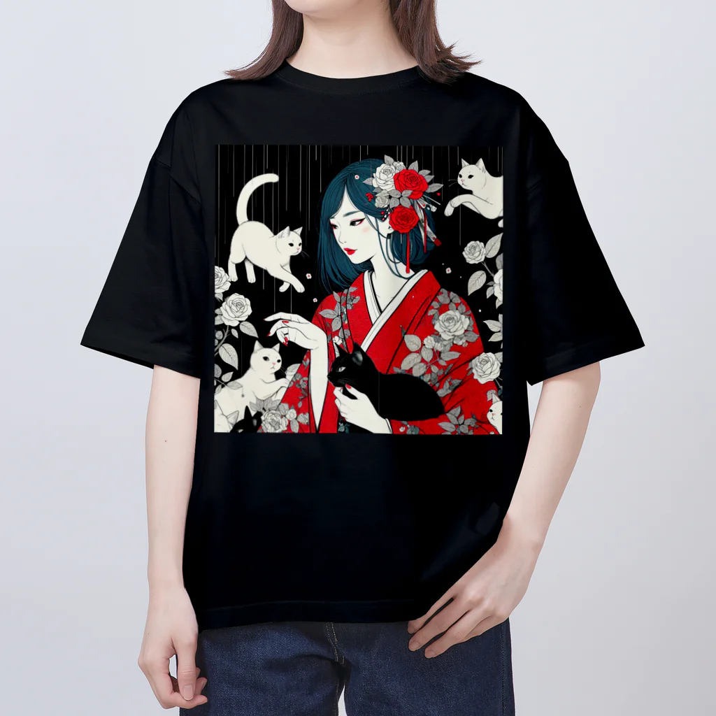 cocoa8877のネコ三昧（黒い空間・浮世絵風） Oversized T-Shirt