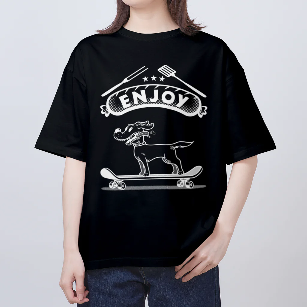 nidan-illustrationのhappy dog -ENJOY- (wite ink) Oversized T-Shirt