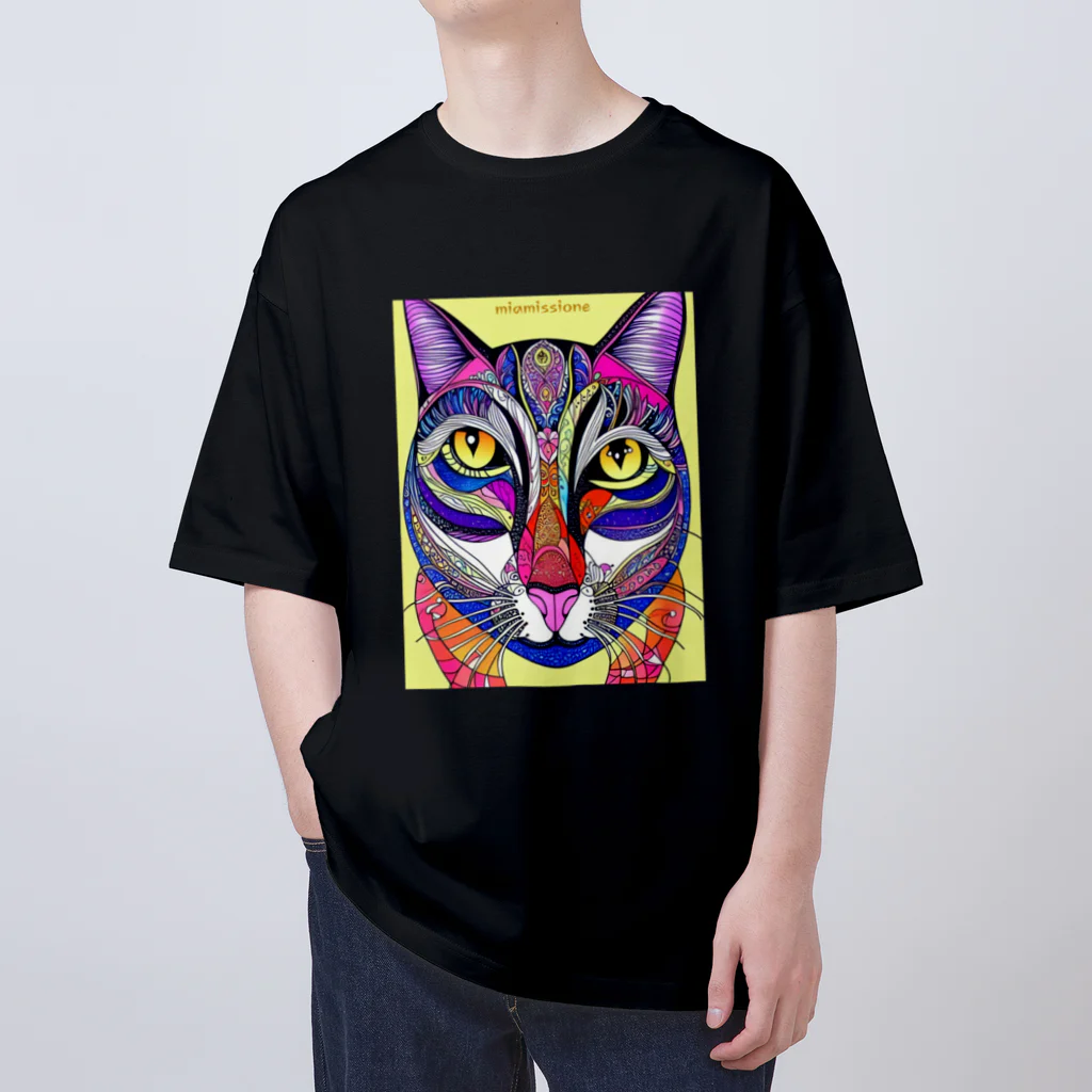 miamissioneのカラフルでエスニックテイストでポップな猫－Colorful, ethnic flavored, pop cat. オーバーサイズTシャツ