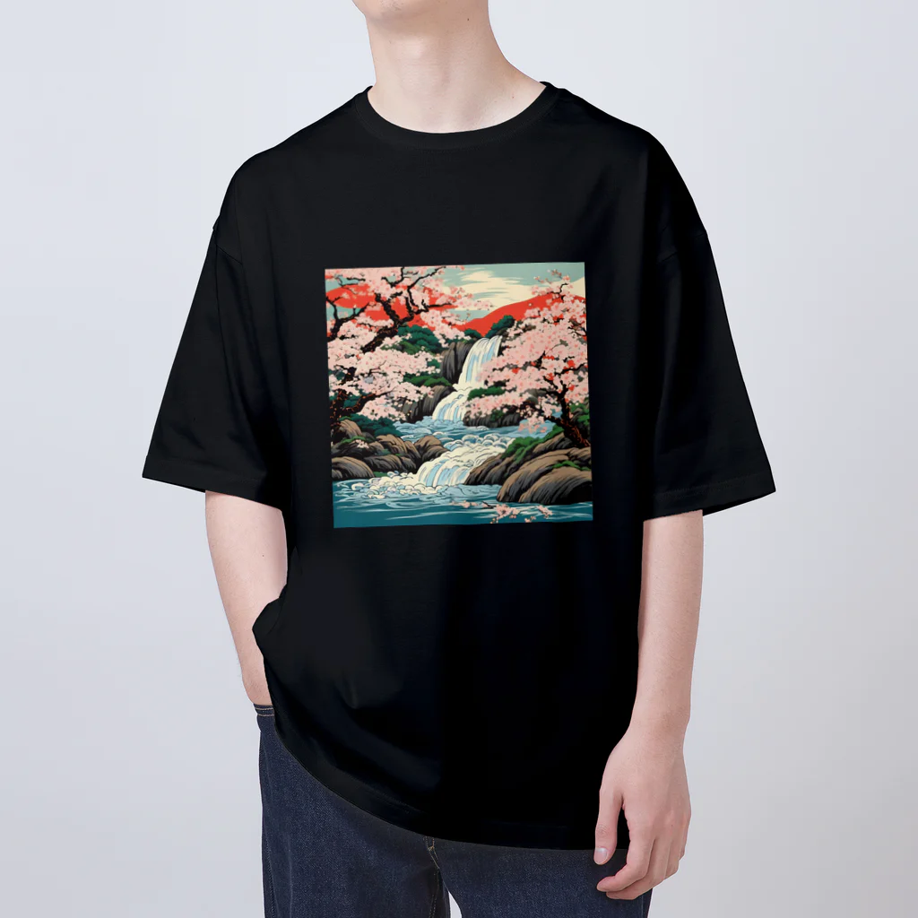 日本の風景 COOL JAPANの日本の風景、滝と桜　Japanese scenery、Waterfall and cherry blossoms オーバーサイズTシャツ