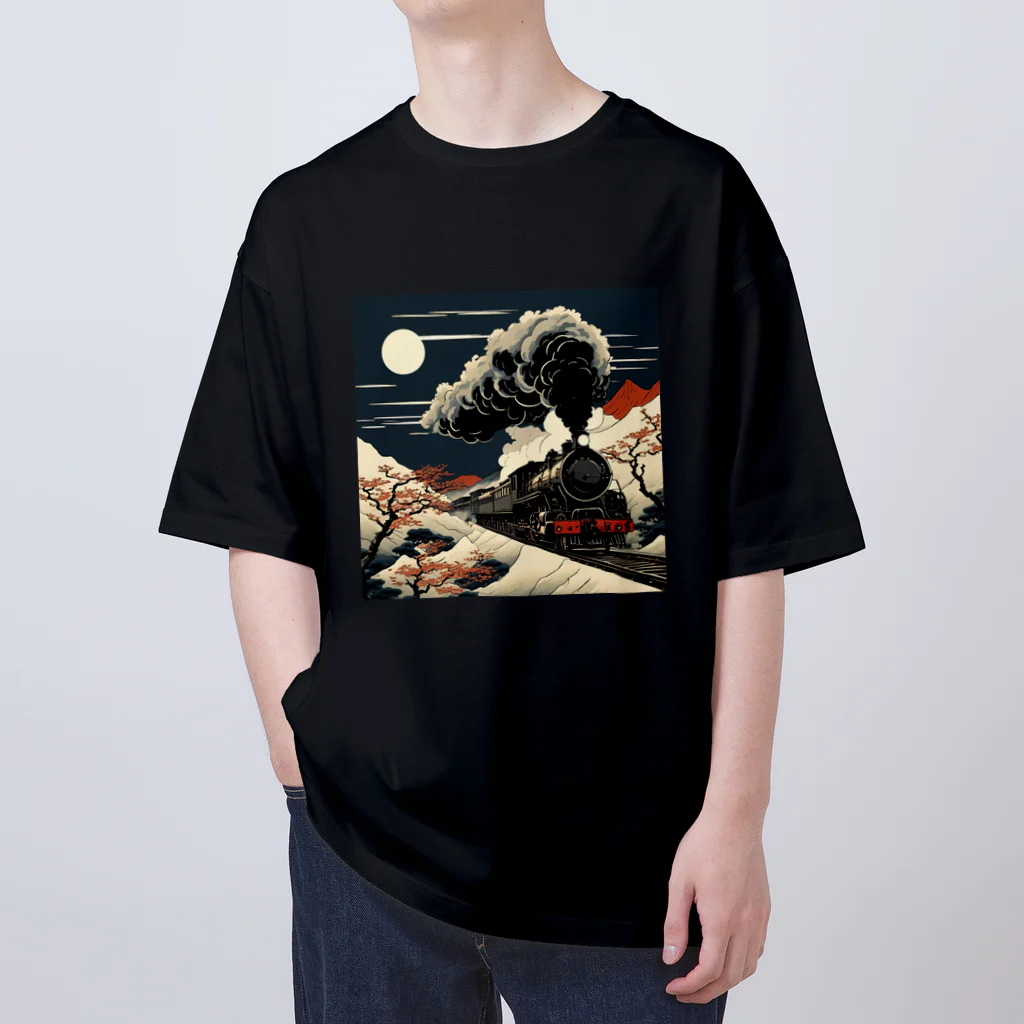 日本の風景 COOL JAPANの日本の風景:月夜のSL 蒸気機関車、Japanese senery: SL steam locomotive on a moonlit night オーバーサイズTシャツ