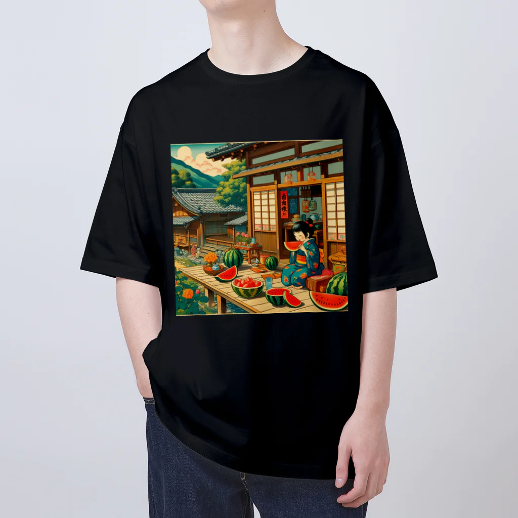 日本の風景 COOL JAPANの日本の風景:縁側でスイカを食べる オーバーサイズTシャツ