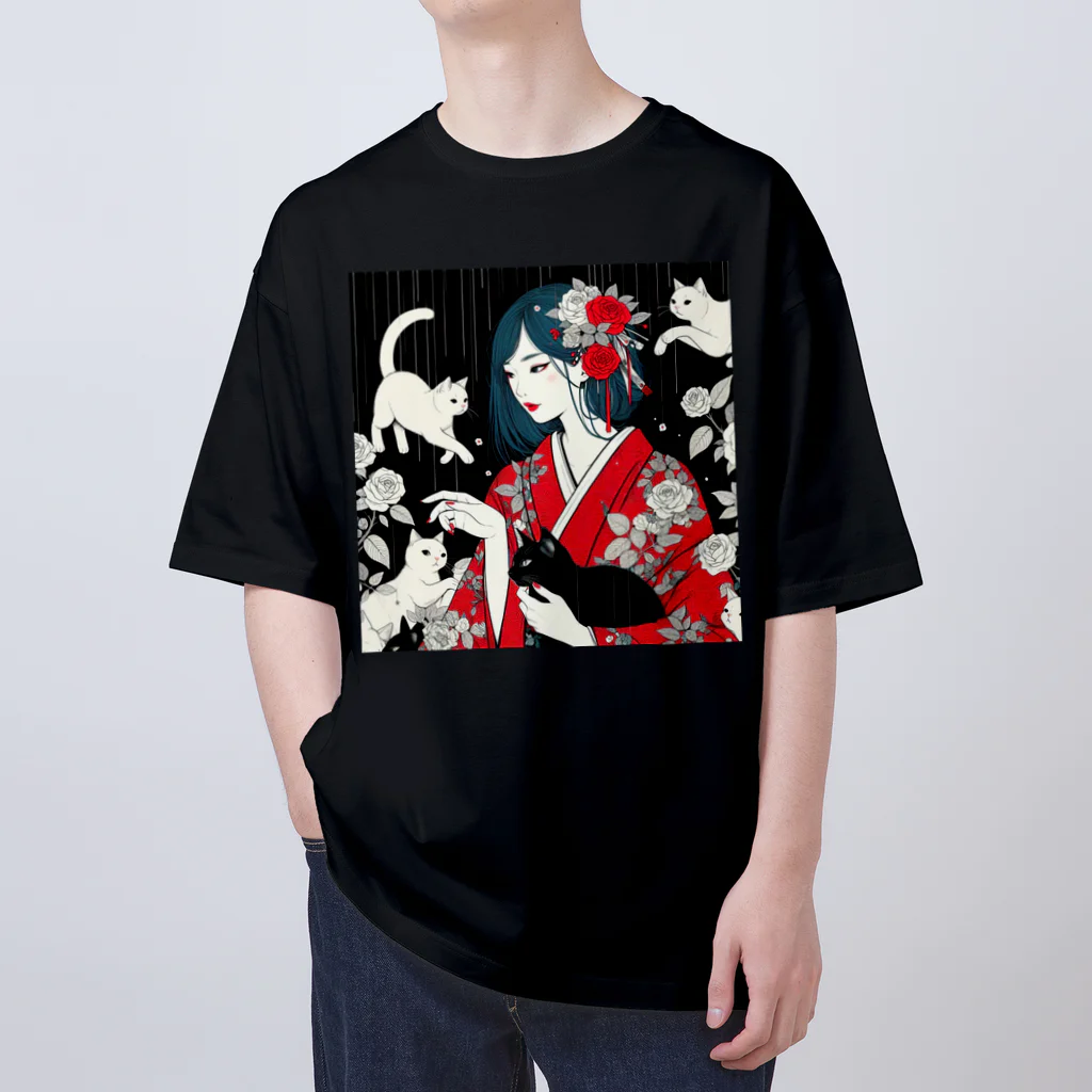 cocoa8877のネコ三昧（黒い空間・浮世絵風） Oversized T-Shirt