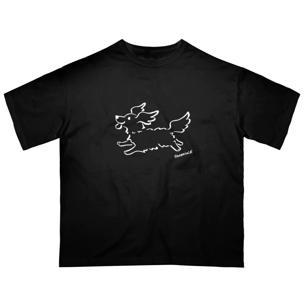 Chiyo.Wan(🐕🕊️のお店)のHanemimi犬　(白黒) オーバーサイズTシャツ