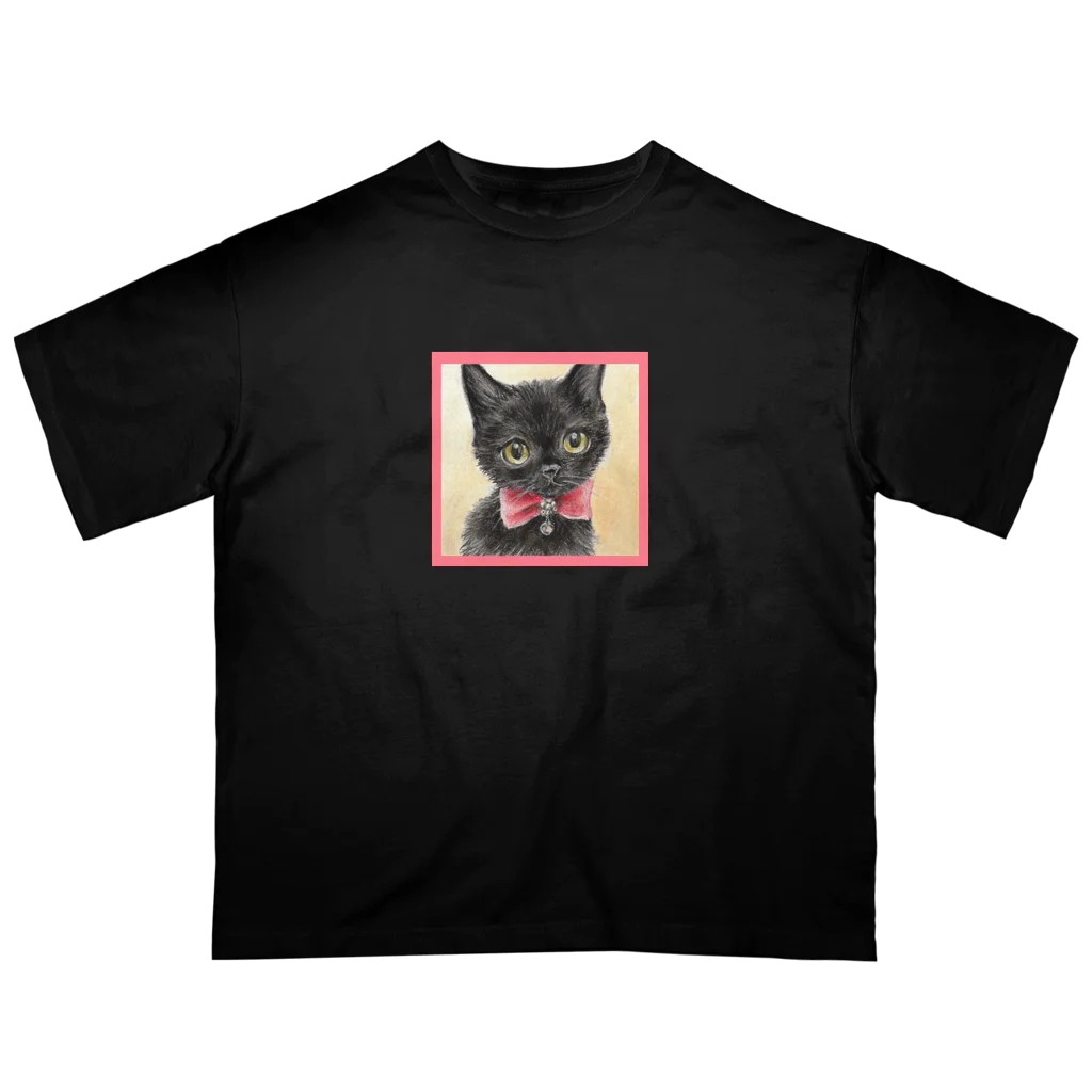 Ａｔｅｌｉｅｒ　Ｈｅｕｒｅｕｘの赤いリボンの黒猫ちゃん　ミニパステル肖像画 オーバーサイズTシャツ