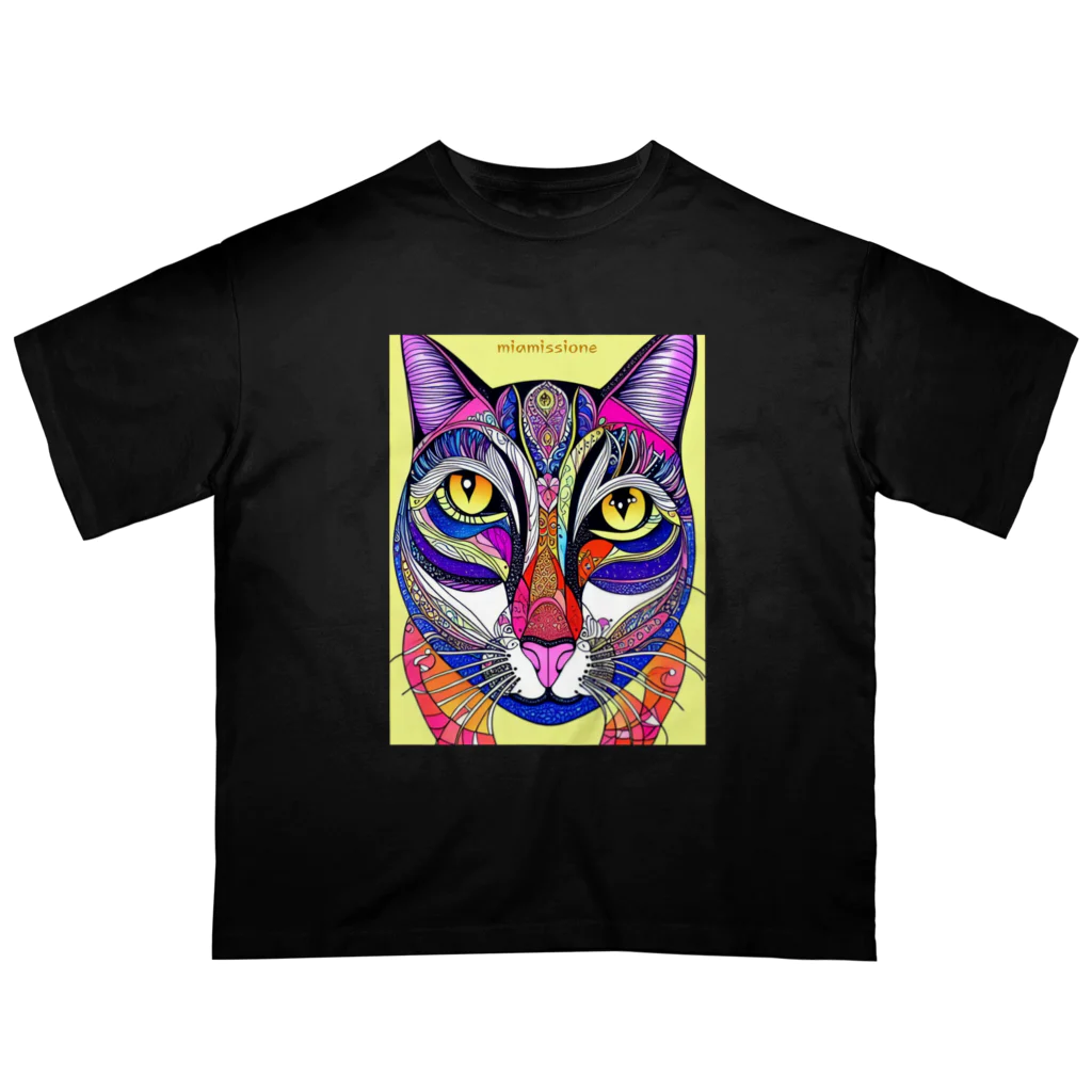 miamissioneのカラフルでエスニックテイストでポップな猫－Colorful, ethnic flavored, pop cat. オーバーサイズTシャツ