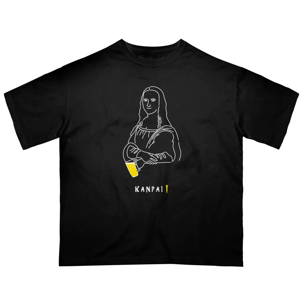 ビールとアート TM-3 Designの名画 × BEER（モナ・リザ）白線画 Oversized T-Shirt