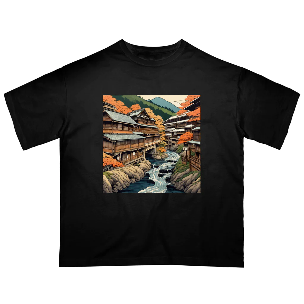 日本の風景 COOL JAPANの日本の風景、温泉街　Japanese hot spring town オーバーサイズTシャツ