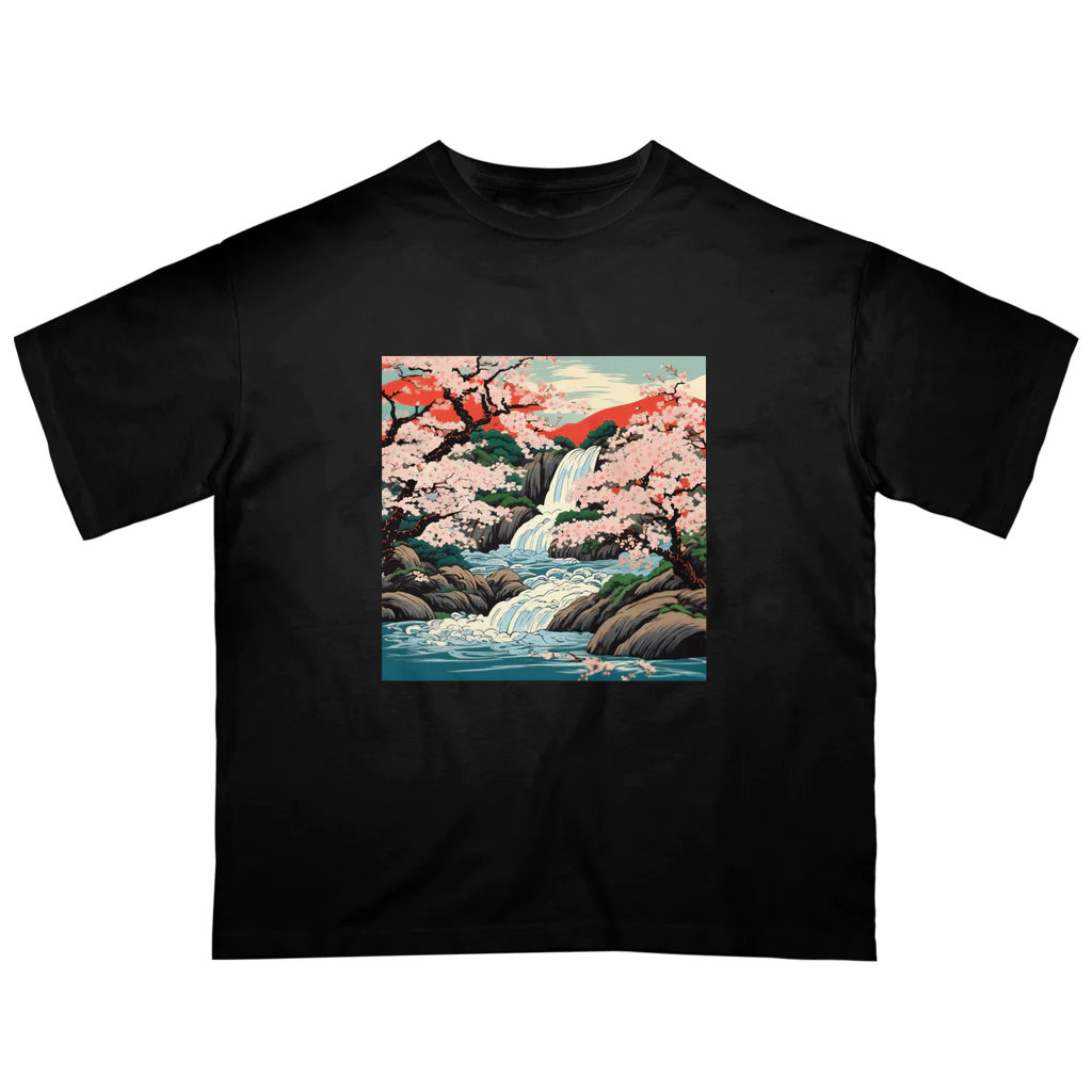 日本の風景 COOL JAPANの日本の風景、滝と桜　Japanese scenery、Waterfall and cherry blossoms オーバーサイズTシャツ