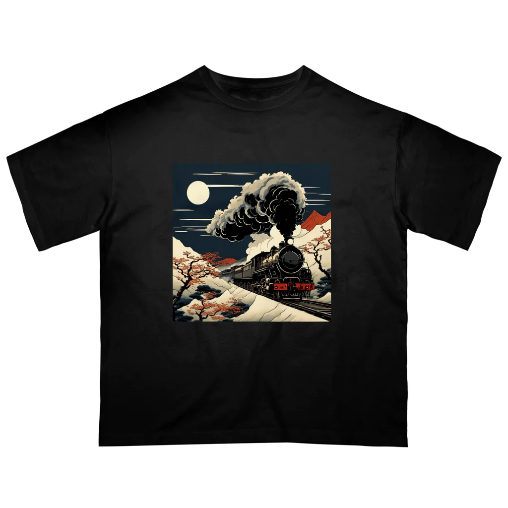 日本の風景 COOL JAPANの日本の風景:月夜のSL 蒸気機関車、Japanese senery: SL steam locomotive on a moonlit night オーバーサイズTシャツ