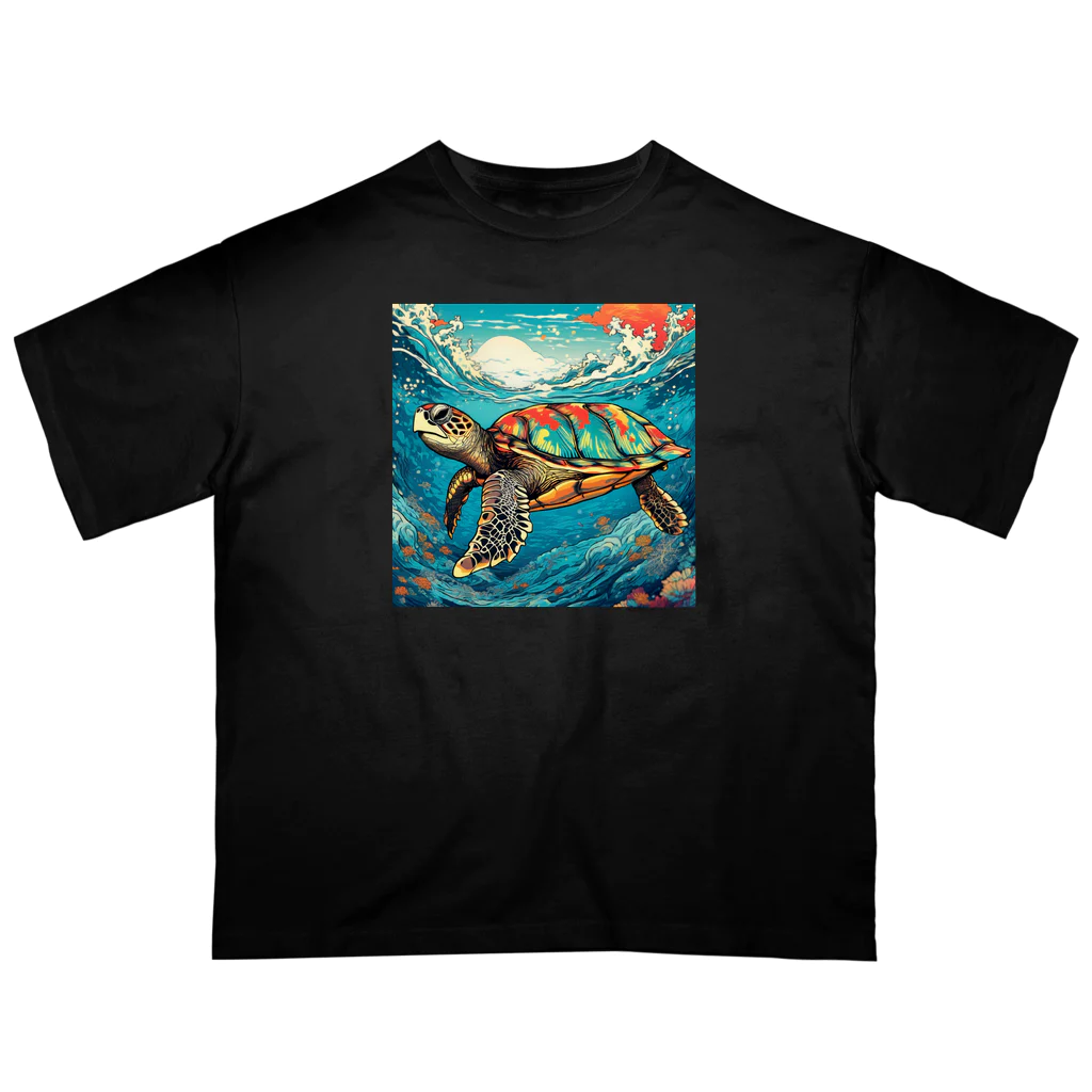 日本の風景 COOL JAPANの日本の風景:荒波にもまれる海がめ、Japanese scenery: Sea turtle caught in rough waves Oversized T-Shirt